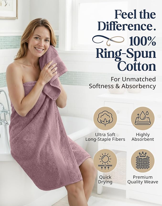 LANE LINEN Large Bath Towel Set Absorbent Quick Dry 6 Piece - Wishful Mauve | Cotton Towels - Fade-Resistant Color, Classic Terry Weave, Densely Woven, Coordinated Colors, Dobby Border Accent
