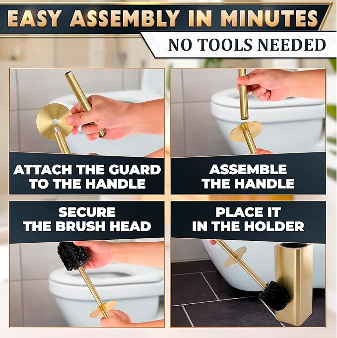 Gold Toilet Brush and Holder Set - Instantly Elevate Your Bathroom Style - Stainless Steel Toilet Bowl Brush and Holder with 2 Rounded Corners, Replaceable Head, Removable Inner Bowl & Splash Guard
