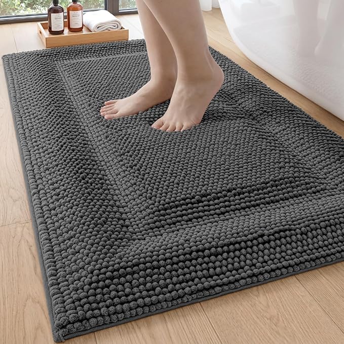 DEXI Bath Mats for Bathroom 43x24, Non Slip Washable Bathroom Rug, Thick Soft Chenille Absorbent Bathmat for Shower Floor, Fluffy Shaggy Carpet for Tub, Grey