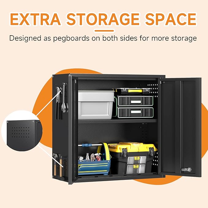 Metal Garage Wall Cabinet with 2 Doors and 1 Adjustable Shelf,Lockable Floating Tool Cabinet with Pegboard,Black Steel Storage Cabinet for Kitchen,Office,Garage,Laundry,Warehouse(Black, 26" H)