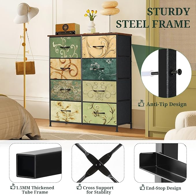 8-Drawer Dresser for Bedroom, Anti-Tip Tall Storage Organizer Chest of Drawers with Wooden Top and Metal Frame Fabric Bins for Closet, Living Room, Hallway, Entryway, Floral Painted