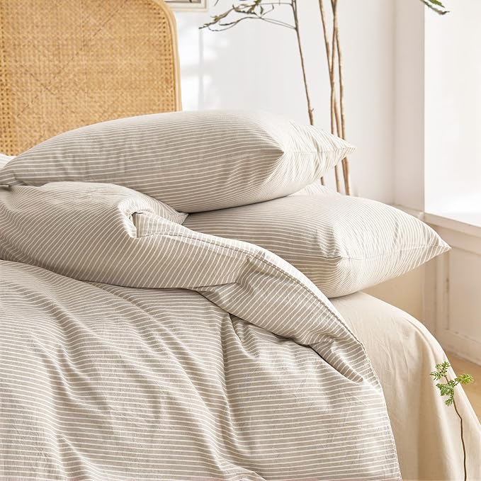 Wake In Cloud - Striped Cotton Duvet Cover Set, 100% Washed Cotton Textured Bedding Set, Ticking Stripe Pinstripe Farmhouse, 3 Pieces, Tan, Full Size