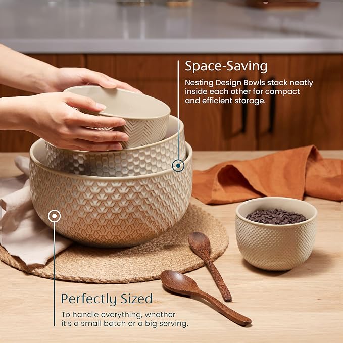 KooK Ceramic Mixing Bowls, Nesting Set of 4, Embossed Kitchen Dishware, Prep, Serving, Gift, Microwave and Dishwasher Safe, 20/44/98/145 oz, Narbonne Collection (Almond)