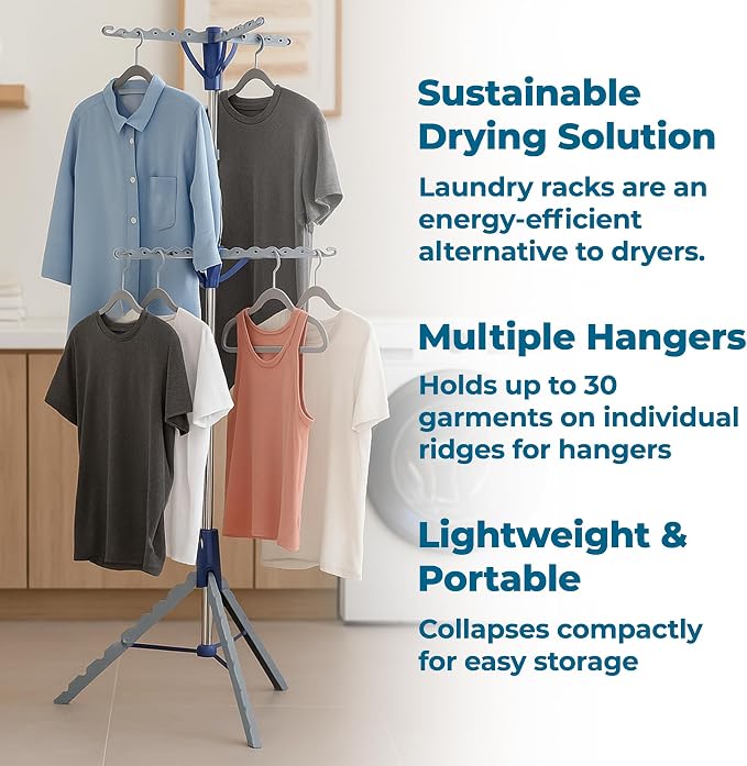 Honey-Can-Do 2-Tier Tripod Clothes Drying Rack, 73", Chrome Steel | 73" tall 2-tier tripod holds 30 garments and long dresses off the floor. Chrome steel resists rust; folds compact.