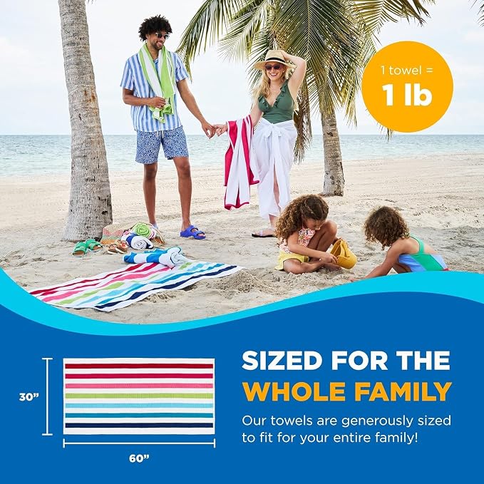 Ben Kaufman Terry Cabana Striped Towels - Oversized Towel for Beach & Pool - Soft Cotton Towels with Absorbent Design - Striped Beach & Pool Towels for Adults & Kids - 6 Pack
