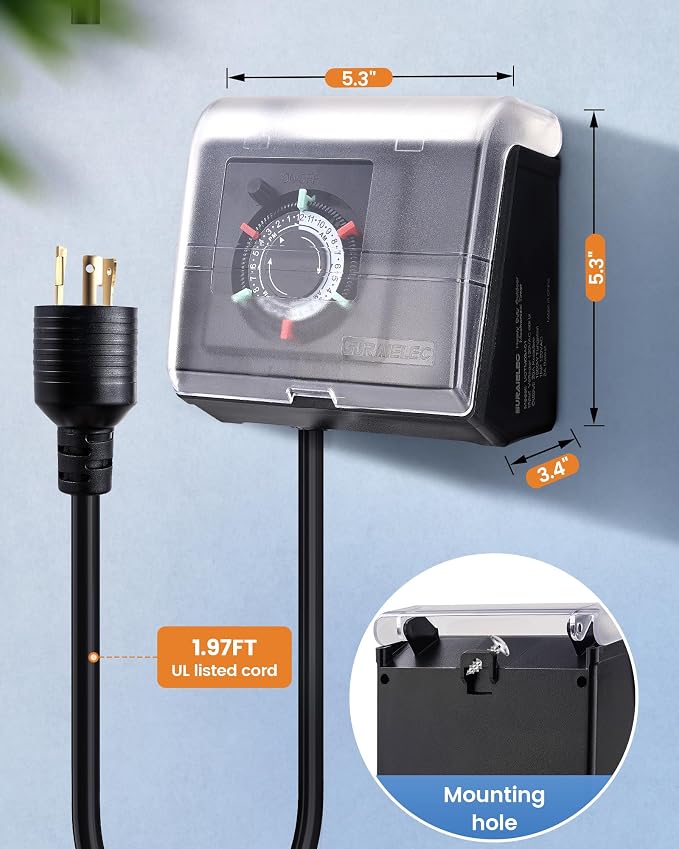 SURAIELEC Mechanical Pool Timer for Above Ground Pools, NEMA L5-20R Twist-Lock Plug-in Pool Timer, 20A 125V 1HP, Up to 3 Daily Settings, Weatherproof Cover, for Pumps, Heaters, Fountains and Lighting