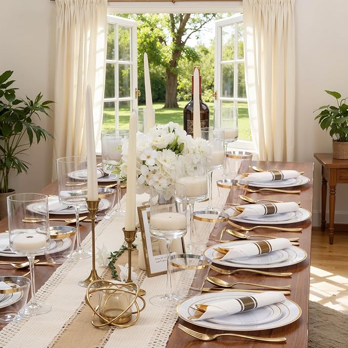 WDF Partyware 350Piece Gold Dinnerware Set for 50 Guests - Gold Plastic Plates with Disposable Cutlery - 50Dinner Plates-50Dessert Plates-50Pre Rolled Napkins with Silverware for Wedding/Birthday