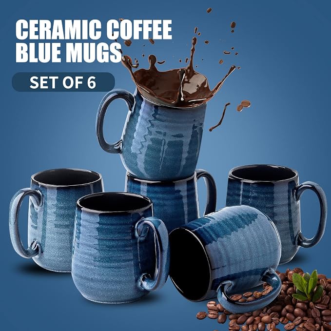 HASENSE Coffee Mugs, 12 Ounce Ceramic Coffee Mug Set of 6, Reactive Glaze Tea Cups with Handle for Milk, Hot Cocos, Latte, Stylish Blue Cup Gift for Man and Women, Dishwasher and Microwave Safe