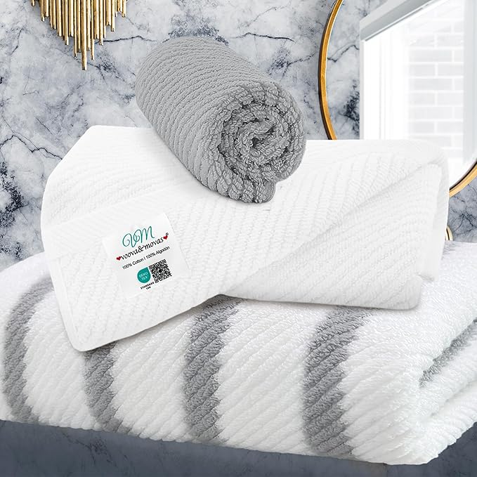 VOOVA & MOVAS Stripe 3PC Towel Set, 100% Cotton, Grey | 1 Stripe Large Bath 30x54 In,1 White Hand 18x28 In,1 Grey Washcloth 13x13 In, Quick Dry, Thick, Dorm Room Essentials