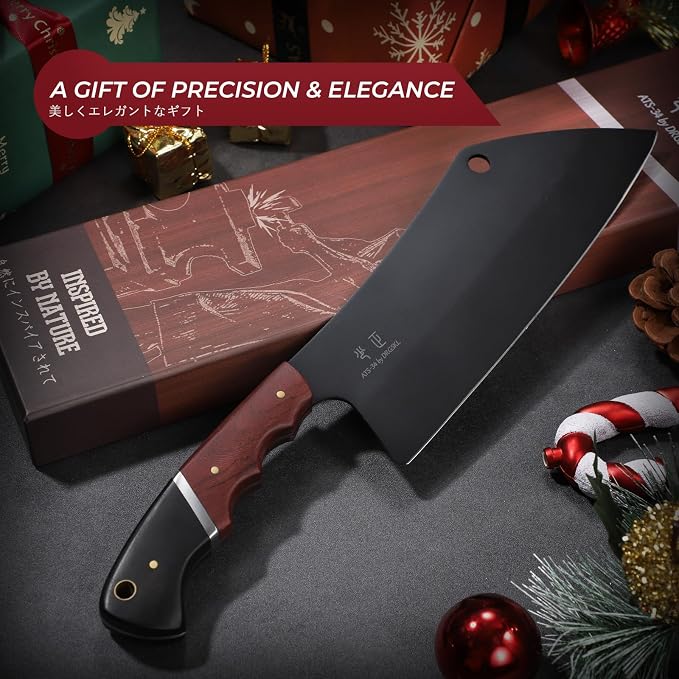 DRGSKL Meat Cleaver Knife 8 inch - Black Butcher Knife for Meat Cutting | Japanese ATS-34 Steel, Full Tang, Ergonomic Walnut Handle, Precision Cutting, Gift Box