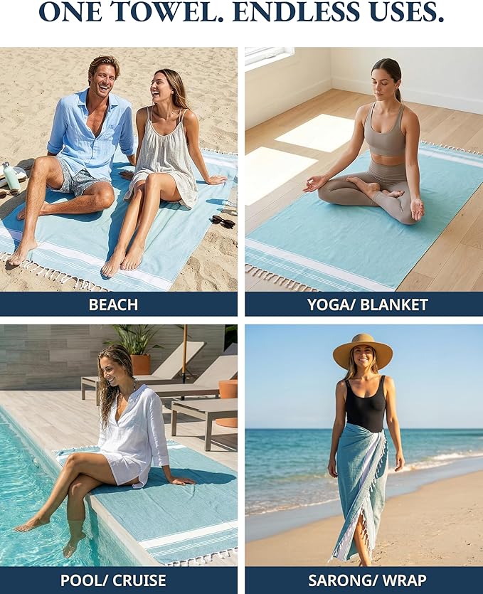 LANE LINEN Beach Towel 2 Pack, Oversized Beach Towel 39"x71", Lightweight Beach Essentials for Women, Large Pool Towel, Absorbent & Quick Dry, Sand Free Beach Towel - Aqua | Lightweight Beach Essentials for Women - Large Pool Towel, Absorbent & Quick D...