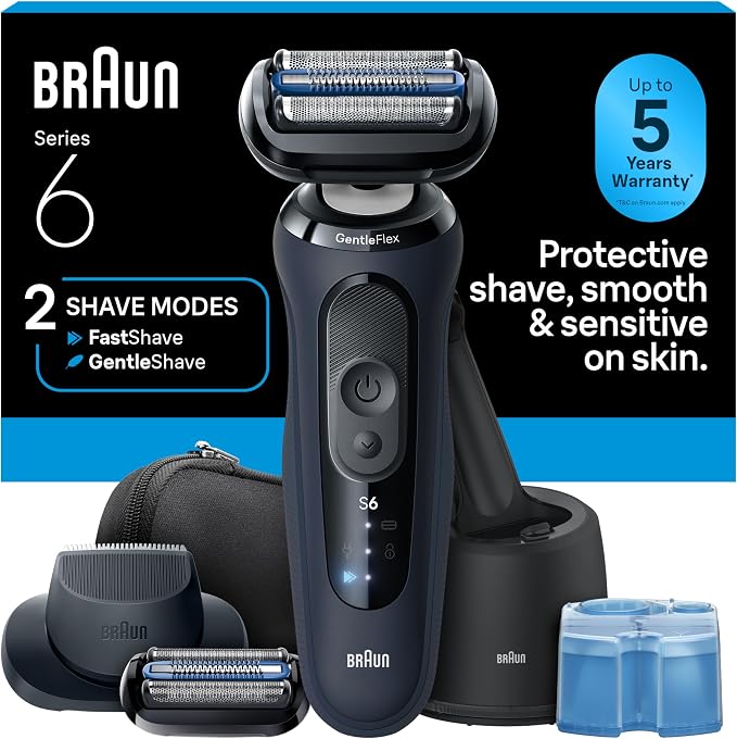 Braun Series 6 Electric Shaver for Men, Wet & Dry Foil Razor, 4-in-1 SmartCare Clean & Charge Center, Precision Trimmer Attachment, Replacement Shaver Head, Travel Case, Dark Blue 6177ps