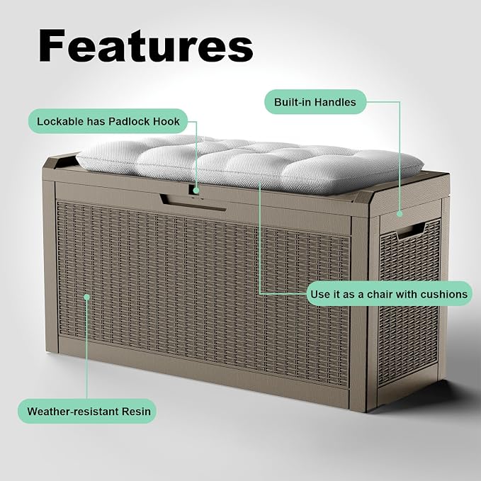 DRATO 70 Gallon Outdoor Storage Box Waterproof, Lockable Resin Deck Box for Patio Furniture, Pool Supplies & Garden Tools, Weatherproof Outside Storage Bin for Backyard Porch (Grey, 70 Gallon)