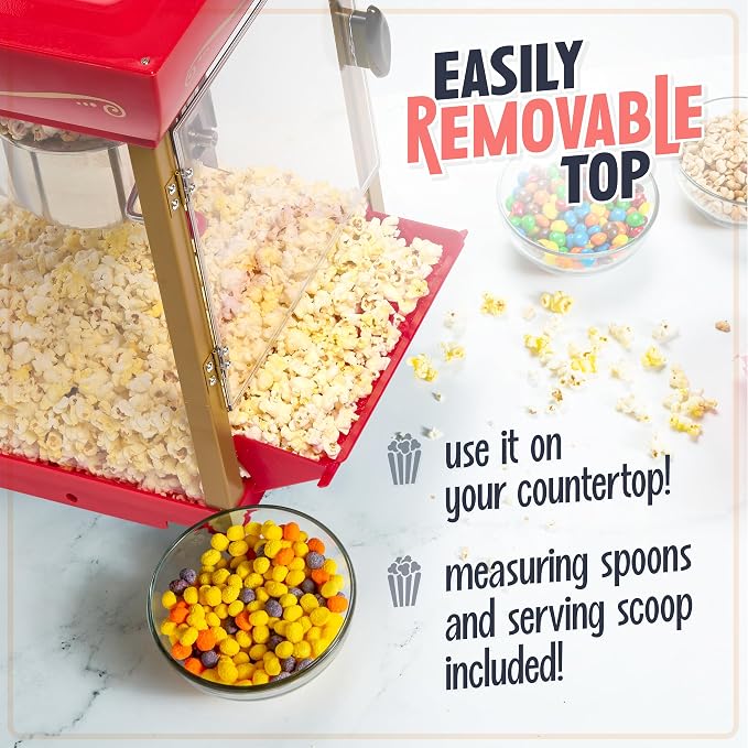 Nostalgia Popcorn Maker Machine - Vintage Theater Style Popcorn Cart With 2.5oz Stainless Steel Kettle, Makes Up To 10 Cups Easily - Bring Home the Fun with Theater Style Popcorn Machine- Red