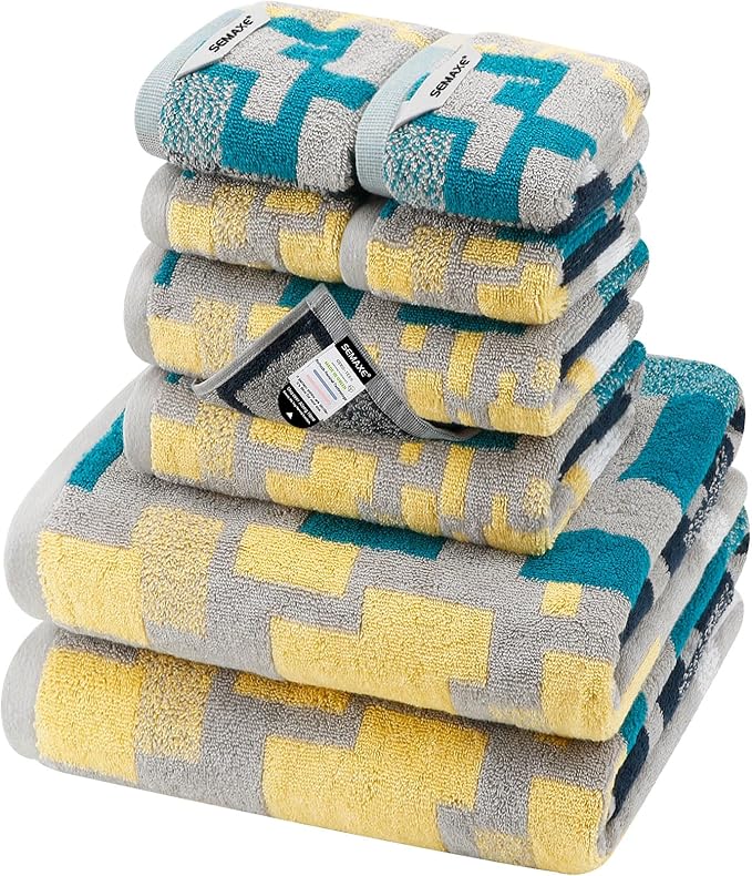 SEMAXE Bath Towel Set, 8 Piece Towel Set for Bathroom, Quick Dry Cotton Towels with Hanging Loops, Easy Care, Geometric Pattern