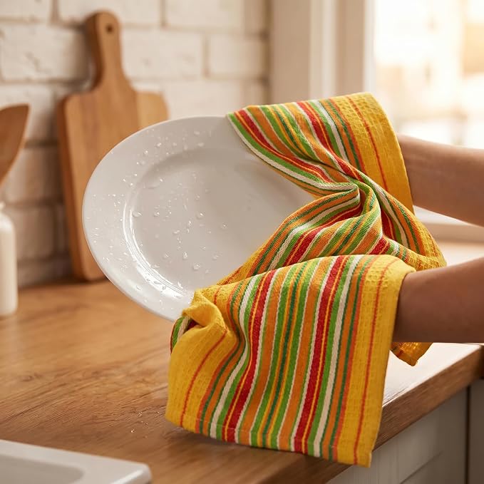 Urban Villa Kitchen Towels Waffle Stripes Dish Towels for Kitchen Mustard Color Set of 6 Kitchen Towels Highly Absorbent 100% Cotton Over Sized 20X30 in with Mitered Corners Kitchen Hand Tea Towels