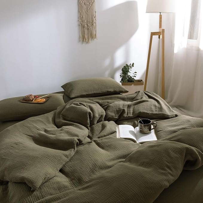 mixinni Olive Green Waffle Weave Duvet Cover Set Queen, 3-Piece 100% Natural Washed Cotton Triple-Layer Gauze Solid Bedding Set, Soft Breathable Minimalist Comforter Cover with Zipper & Ties-Queen