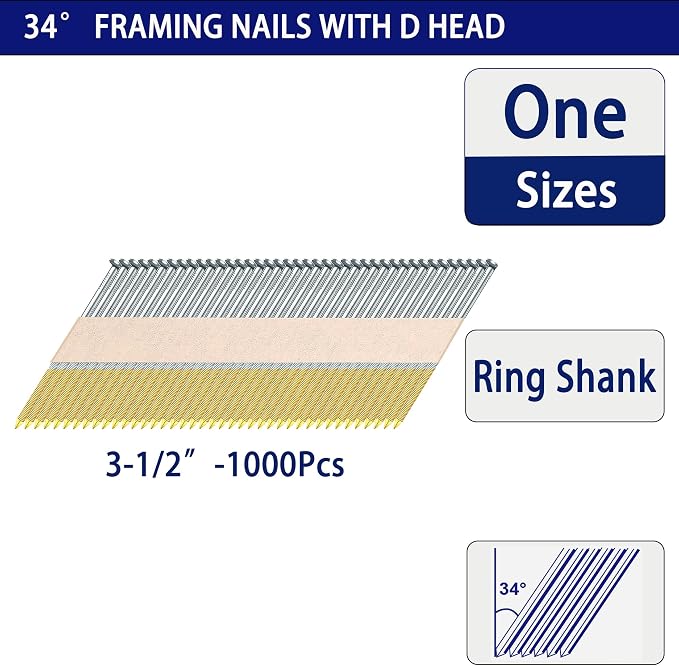 HW HAMWOO 34°Framing Nails,Ring Shank(3-1/2":1000pcs) | Hot Dipped Galvanized,D Head Nail Pack,Paper Tape Strip Nails,for 30 to 34 Degree Framing Nailer