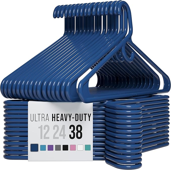 NEATERIZE Thick Heavy Duty Hangers - Navy Plastic Clothes Hangers 38 Pack - Great for Coat Hanger, Jackets Jeans & Suit Hanger for Closet - New Apartment Essentials Percheros Ganchos para Colgar Ropa