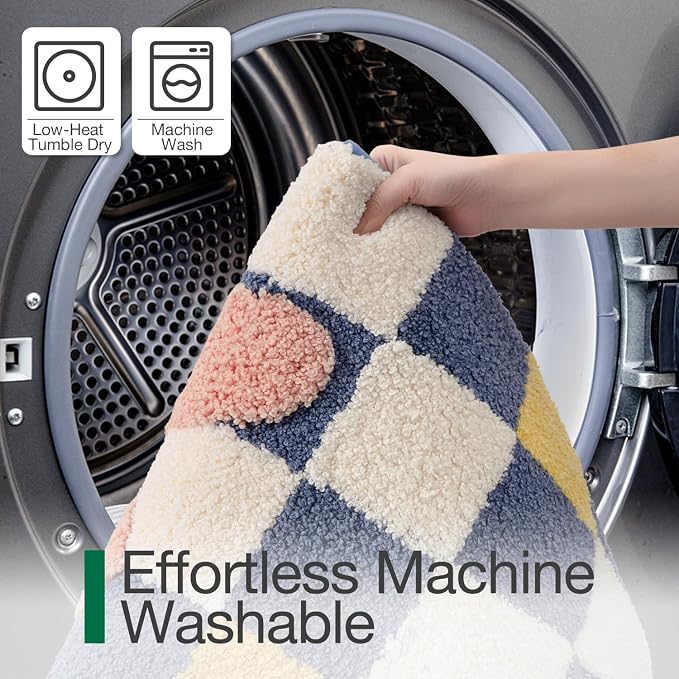 LUMI Bathroom Rug 20x32, Soft Absorbent Microfiber Bath Mats, Machine Washable Bath Rugs with Non-Slip Backing, Checkered Design Floor Mat for Bathroom, Shower and Bathtub Floor, Grid Flower