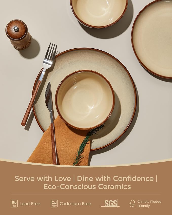 Pokini 32 Piece Double Bowl Dinnerware Sets with Pasta Bowls, Highly Chip and Crack Resistant Plates and Bowls Sets, Natural Earthyware Ceramic Dishware Sets, Service for 8 Brown Yellow