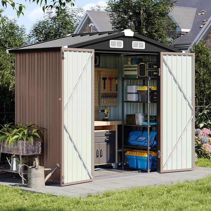 Aoxun 6'x4' Outdoor Storage Shed with Base, Brown | Metal Shed with Lockable Doors & Slooping Roof Garden Tool Shed for Backyard, Patio, Poolside