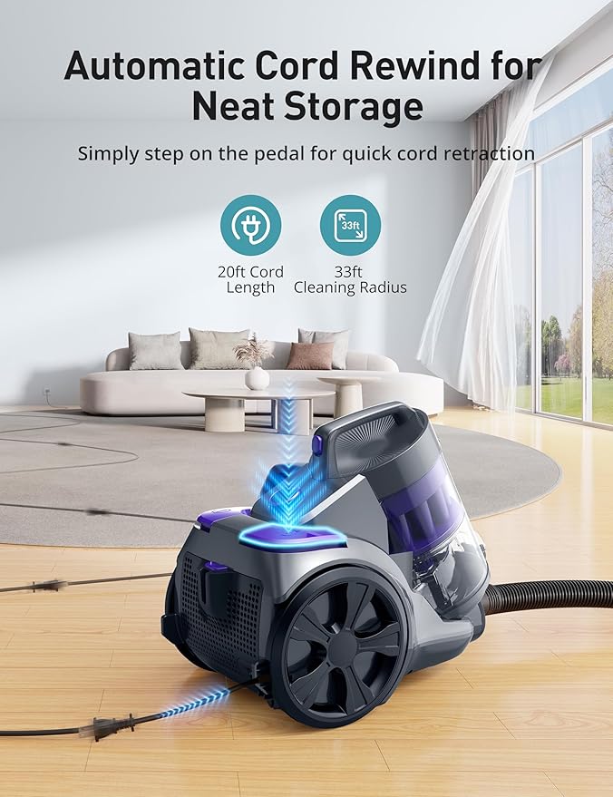 Canister Vacuum Cleaner, 1400W Bagless Vacuum Cleaner, Multi-Cyclonic 5 Stage Filtration, 2 Anti-Allergen HEPA Filters, 3.5QT Dust Cup, 4 Tools, Corded Vacuum for Hard Floor, Carpets, Pet Hair, Purple