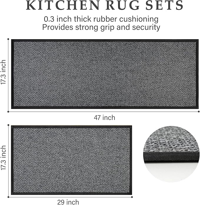 eqivei Kitchen Rugs Non Skid Washable Set of 2 PCS, Absorbent Runner Rugs for Kitchen, Farmhouse Weave Floor Mats in Front of Sink, 17.3"x 47"+17.3"x 29" (Inky)