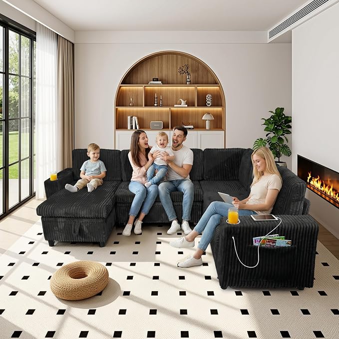 106 in L-Shaped Sectional Sleeper Sofa Couch for Living Room, Black | Pull Out Bed, 7 Seat Modular Design, Hidden Storage Space, USB Charging, Cup Holders, Soft Corduroy Fabric, Easy Assembly