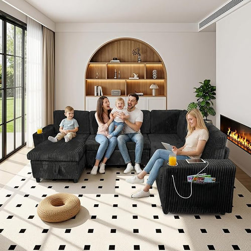 106 in L-Shaped Sectional Sleeper Sofa Couch for Living Room, Black | Pull Out Bed, 7 Seat Modular Design, Hidden Storage Space, USB Charging, Cup Holders, Soft Corduroy Fabric, Easy Assembly