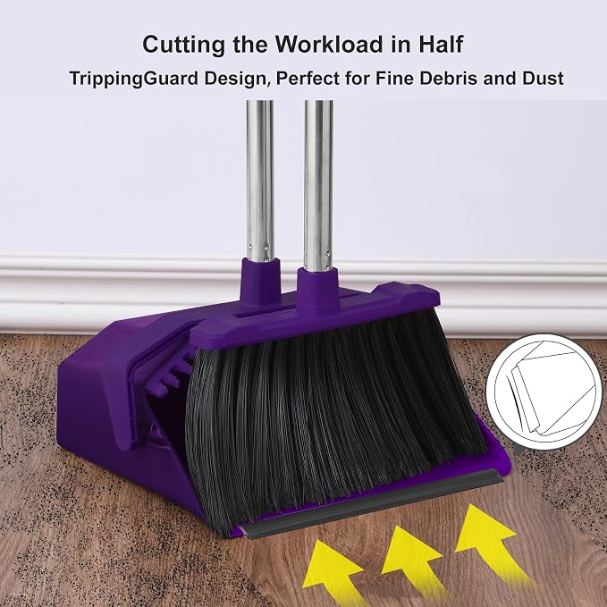 Tiumso Broom with Dustpan Combo Set, Broom and Dustpan Set with 51'' Long Handle, Dust Pan and Brooms, ZeroGap Lip, Self-Cleaning Dustpans Teeth for Lobby Kitchen Restaurant - Purple
