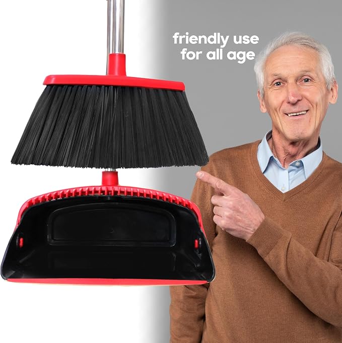 Long Handle Broom and Dustpan Set, Self-Cleaning with Dustpan Teeth for Home, Kitchen, Office, and Pets – Stand-Up Design for Indoor & Outdoor Sweeping (Red)