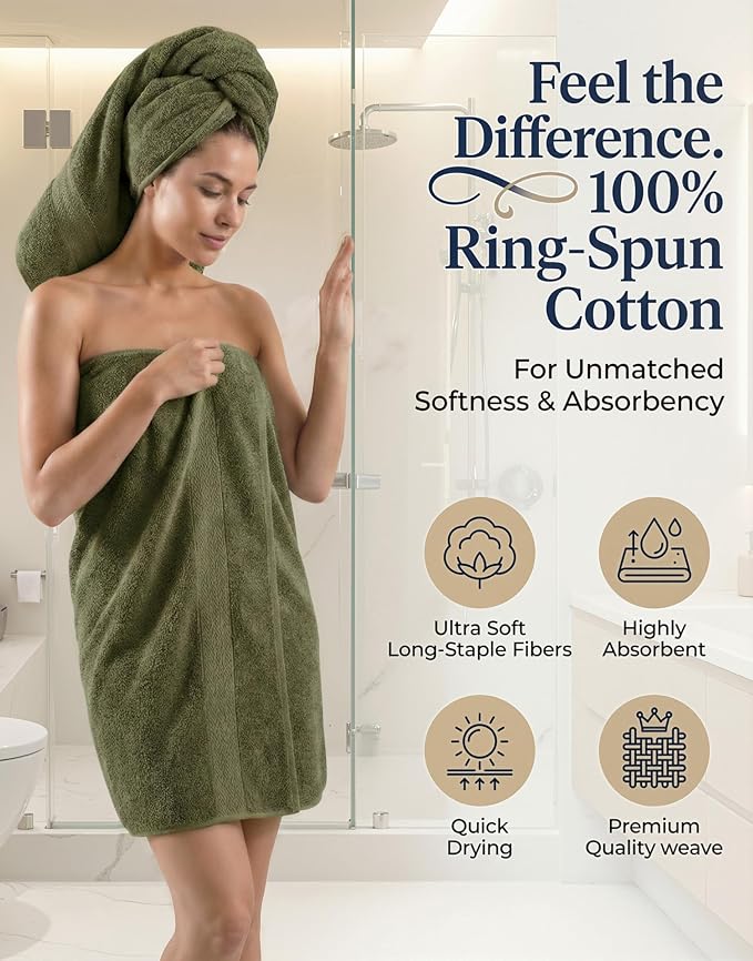LANE LINEN Large Bath Towel Set Absorbent Quick Dry 100% Cotton - Oil Green | Soft Cotton Towels - Fade-Resistant Color, Classic Terry Weave, Densely Woven & Durable, Easy-Care, Coordinated Colors