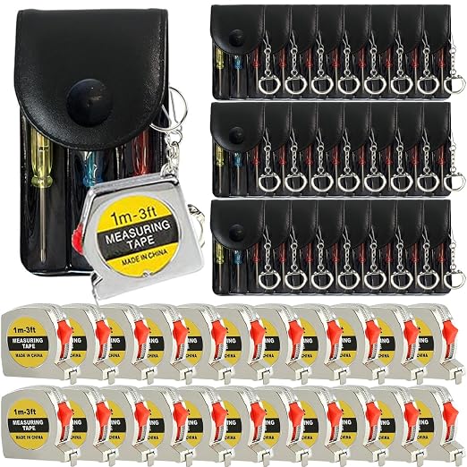 48 Pcs Mini Screwdriver Keychain Tape Measure Keychains Set Keychain Tape Measure Mini Screwdrivers in Pouch Keychain for Birthday Party Favors ，Adult Tool Party Prize for Father's Men Gifts