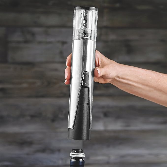 Wine Enthusiast 2-in-1 Electric Blue Automatic Wine Bottle Opener & Preserver Set – Stainless Steel Electric Corkscrew with Vacuum Stopper (7pc Set)