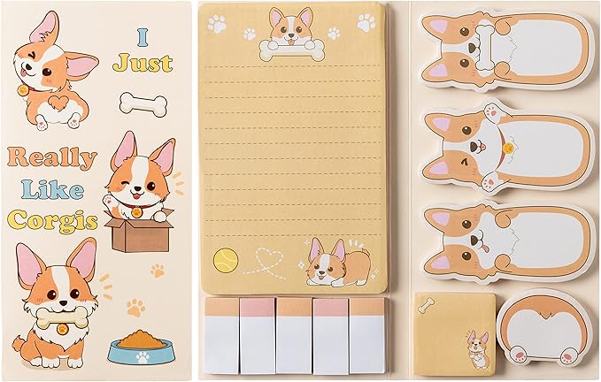 Xqumoi I Just Really Like Corgis Sticky Notes Set, 550 Sheets, Cute Cartoon Corgis Butt Self-Stick Notes Pads Animal Divider Tabs Bundle Writing Memo Pads Back to School Office Supplies Small Gift
