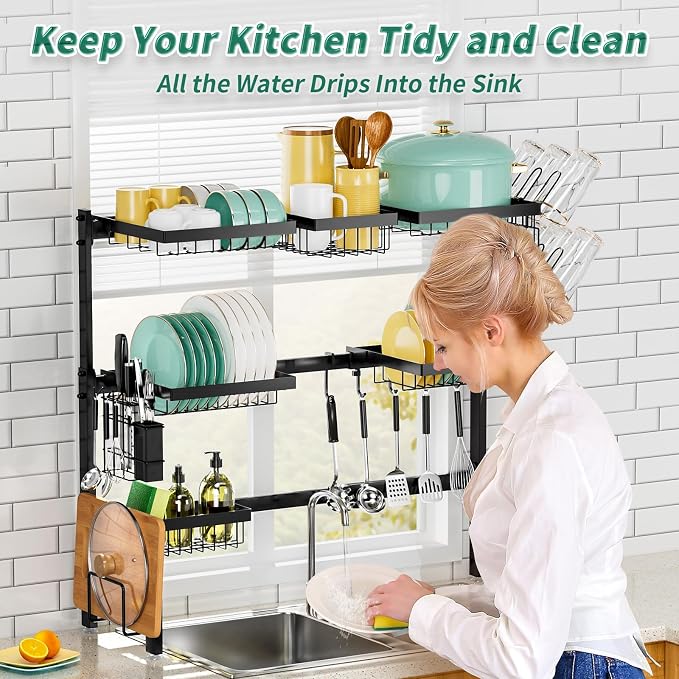 Over The Sink Dish Drying Rack,Expandable Length 3-Tier Large Stainless Steel Over The Sink Dish Rack with 6 Baskets, Utensil Holder Dish Drainers for Kitchen Counter | Stainless Steel, with 6 Baskets & Utensil Holder, for Kitchen Counter, Black