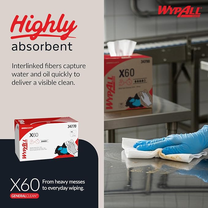 WypAll GeneralClean X60 Cloths Multi-Task Cleaning Wipes (34770), Quarterfold, Strong and Absorbent Towels, White (9 Boxes of 100 Sheets, 900 Sheet Total)