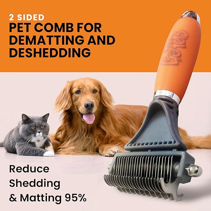 GoPets 2-in-1 Dematting Comb for Dogs, Pet Grooming Rake, Double-Sided Dog Brush for Shedding, Deshedding Brush for Cats, Undercoat Mat Dematting Tool for Long Haired Cats, Grooming Matting Hair