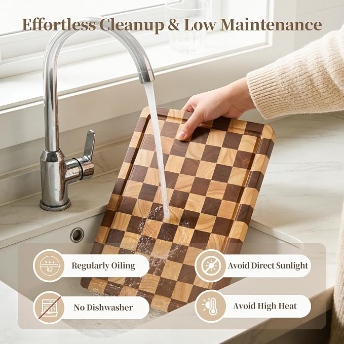 Checkered Cutting Board Set for Kitchen - 3 PCS Wood Checkerboard End Grain Chopping Board with Holder & Juice Groove, Wooden Cutting Boards for Meat, Vegetables, Fruits (S, M, L)