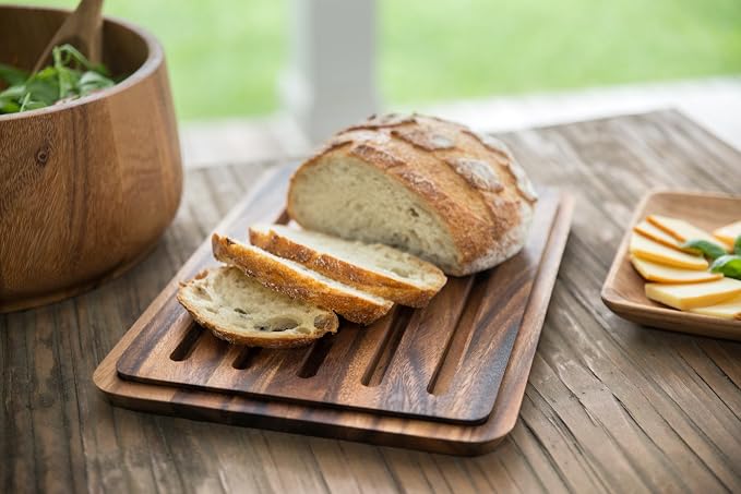 Ironwood Nesting Bread Cutting Board with Crumb Catcher, 10" x 15" x 0.75" | Slice & Serve Bread On One Wood Board | Crumb Catcher Tray To Minimize Mess | Beautiful Acacia Wood | Sandwich Cutting Board