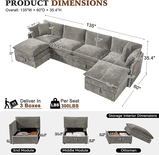 Ihanherry 135” Modular Sectional Sofa with Storage, U Shaped Cloud Couch with Movable Ottomans & 4 Pillows, Chenille Deep Seat Sectional Couches for Living Room, Apartment (Grey)