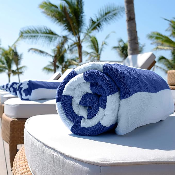 White Classic Stripe Cabana Beach Towels Oversized 2 Pack, Cotton Bath Towel Large - Luxury Plush Thick Hotel Swim Pool Towels for Adults Super Absorbent Quick Dry - 35x70 Mild Navy Blue | 2 Pack