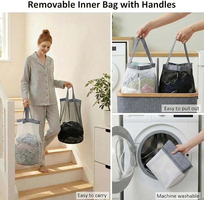 efluky Laundry Hamper with Lid, Double Laundry Basket with 2 Removable Bags, 2 Section Laundry Bin with Bamboo Handles for Bathroom, Bedroom & Laundry Room, 140L (36.9 Gallon) Blue Grey