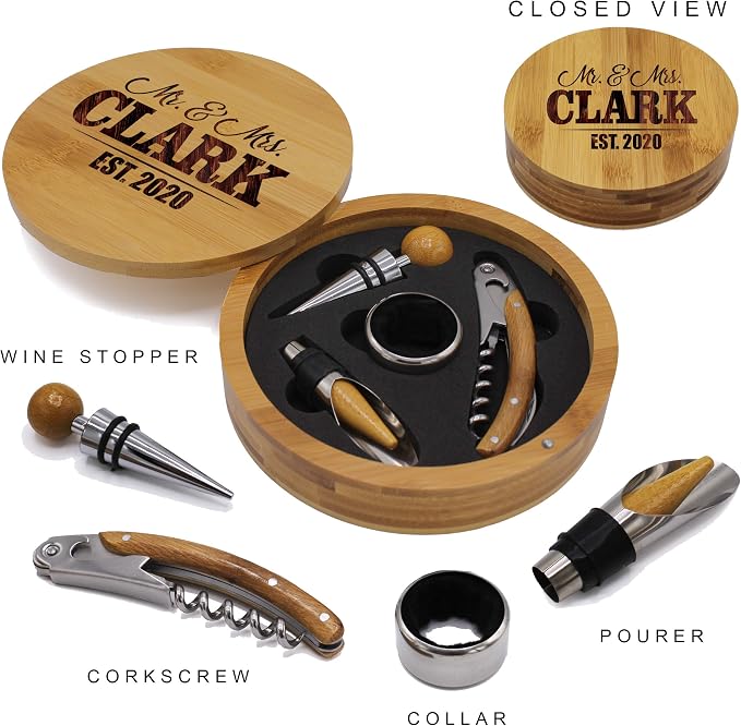 My Personal Memories Customized and Engraved Wedding Corkscrew Wine Opener Gift Set for Couples, Anniversary, Weddings - ROUND