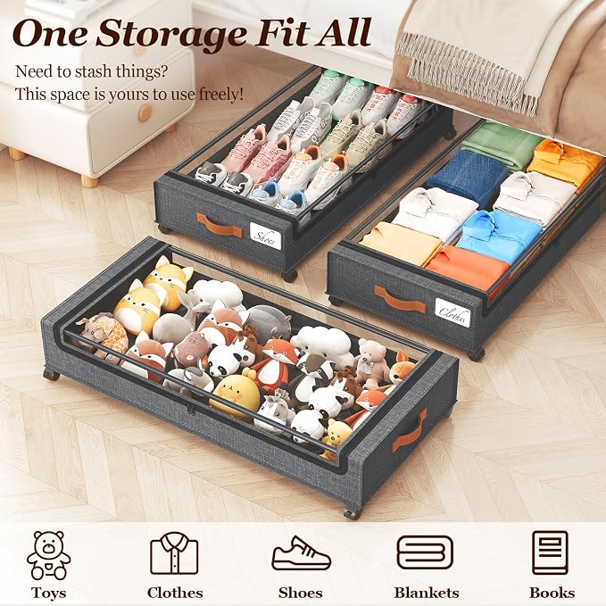 Yecaye 70L Under Bed Storage with Wheels, 2Pack Larger Capacity Under Bed Storage Containers, Underbed Shoe Storage Organizer, Rolling Under Bed Metal Drawers for Shoes, Clothes, Hemp Grey
