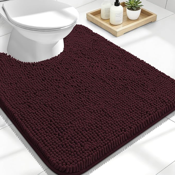 OLANLY Toilet Rugs U-Shaped 24x20, Extra Soft Absorbent Chenille Contour Bathroom Rugs for Toilet, Dry Quickly, Machine Washable, Non-Slip Bath Mat, Black Cherry