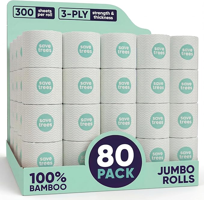 Save Trees Bamboo Toilet Paper -80 Rolls Of Septic Safe Organic Toilet Paper - 3-ply, 300 Sheets Per Roll - PFAs Free, FSC Certified, Plastic & Chemical Free -For Home, Boat& RV Use