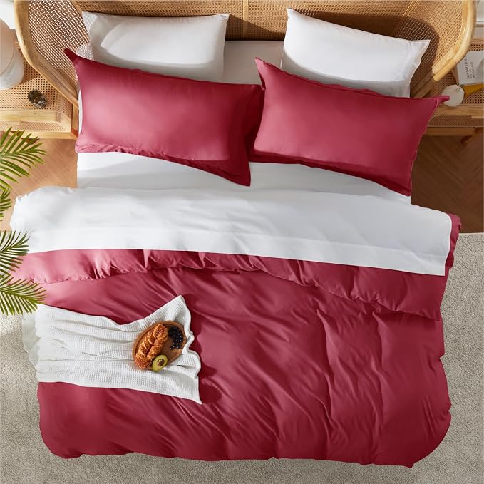 Nestl Twin Duvet Cover Set - Soft Double Brushed Burgundy Red Duvet Cover Twin XL, 2 Piece, with Button Closure, 1 Duvet Cover 68x90 inches and 1 Pillow Sham