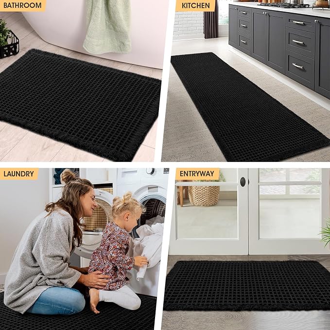 IM HOME Waffle Bath Mat Black 24"x17", Boho Woven Modern Bath Mat Rugs, Absorbent Non Slip Bathroom Rugs, Soft Washable Bath Rugs with Tassels for Bathroom, Bedroom, Kitchen, Shower, Tub